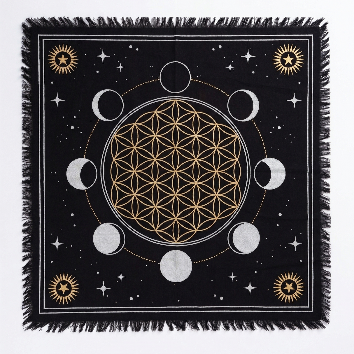 Altartuch Lebensblume Mond
Schwarz-Silber-Gold
65x65cm