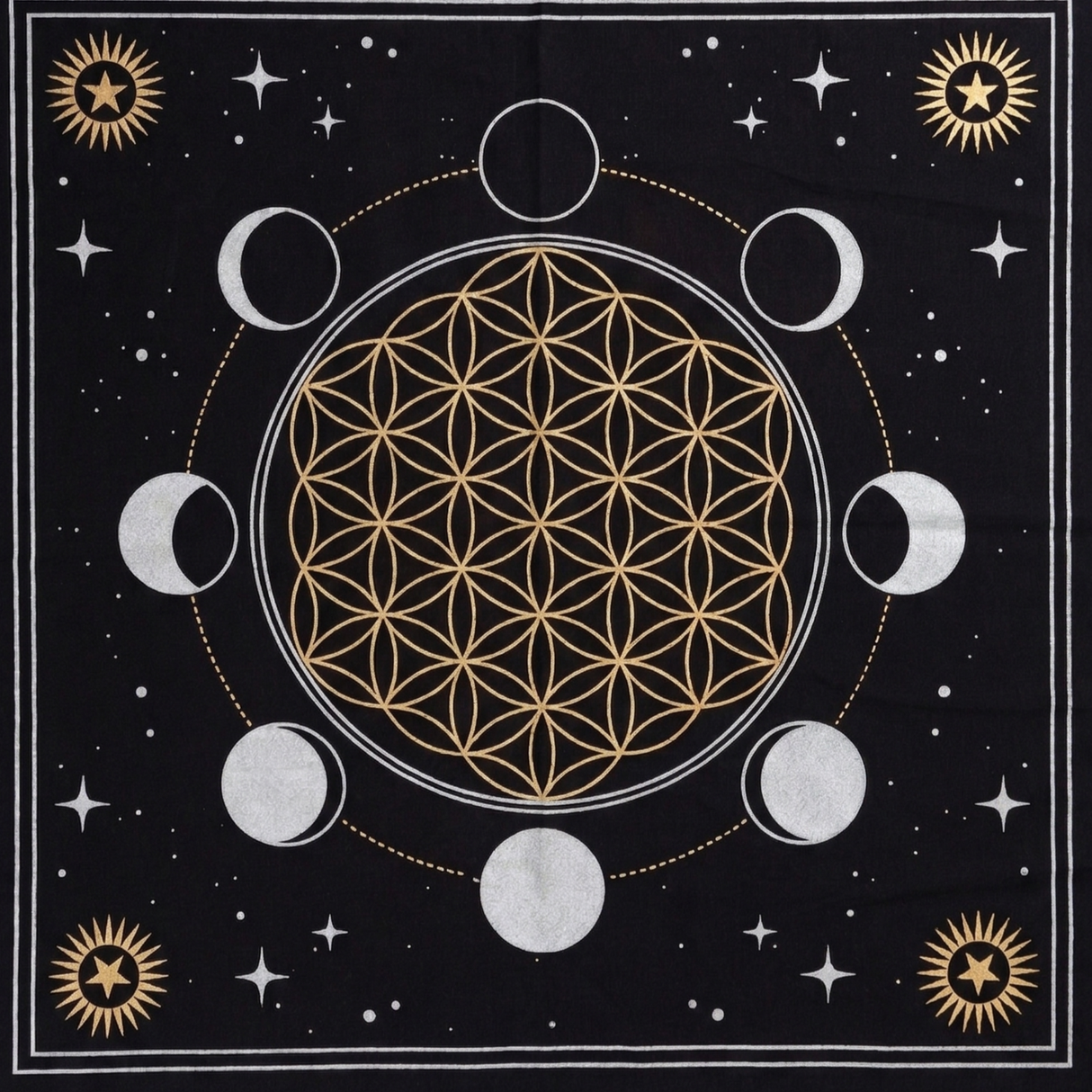 Altartuch Lebensblume Mond
Schwarz-Silber-Gold
65x65cm