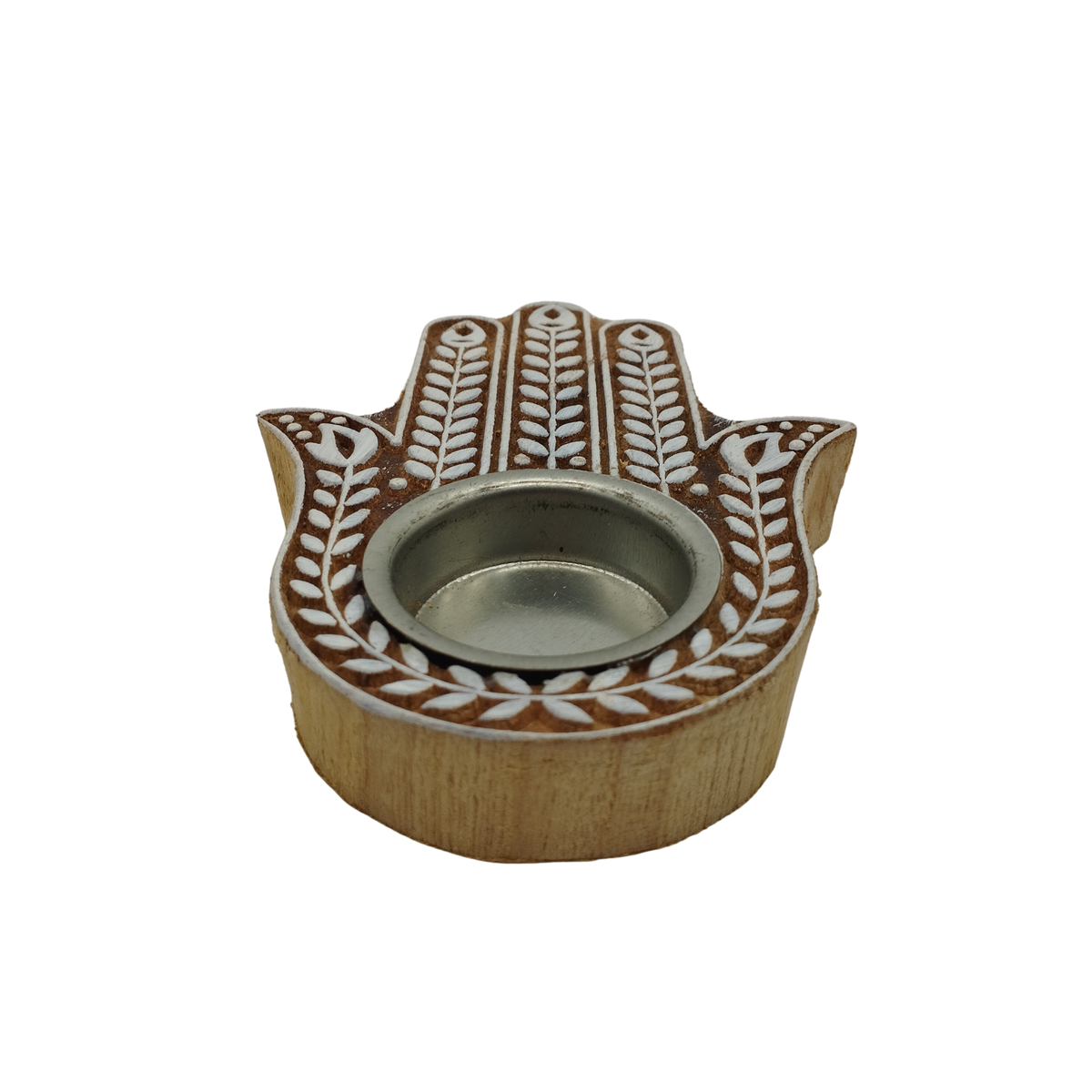 Hamsa Teelichthalter Holz | Hand der Fatima Blockdruck
