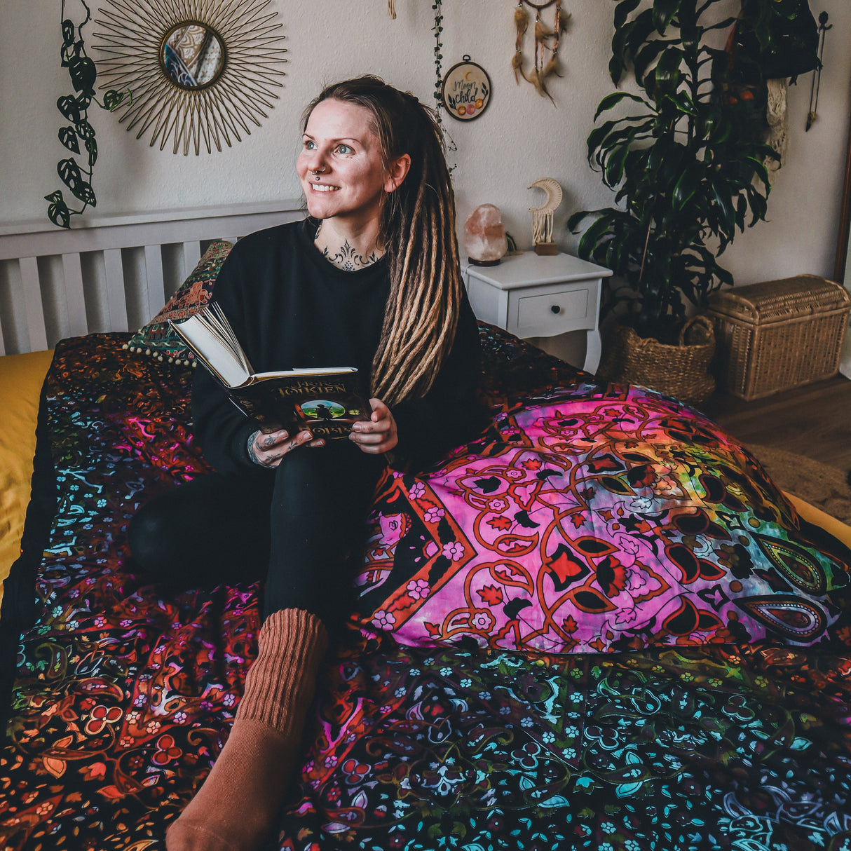 Bettwäsche Mandala batik bunt Einzelbett 135x200 cm + Kopfkissen Set 100% weiche Baumwolle mit Reissverschluss Boho Orient Stil Karmandala