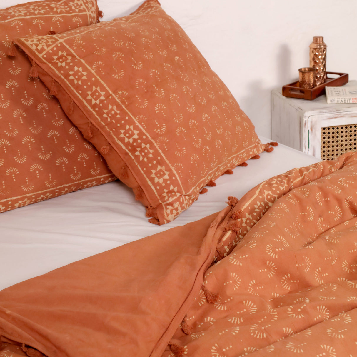 Bettwäsche Blockdruck Muster handgefertigt braun Akazie natürlich gefärbt aus 100% weicher Baumwolle