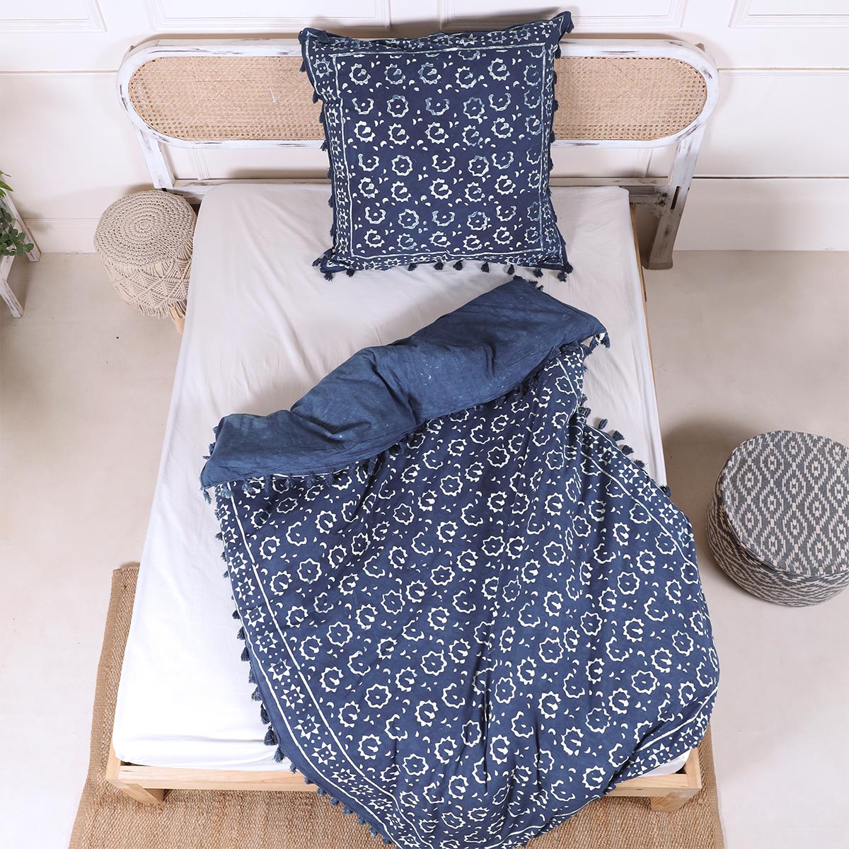 Bettwäsche Indigo Blockdruck Blume - 135x200 cm + Kissen