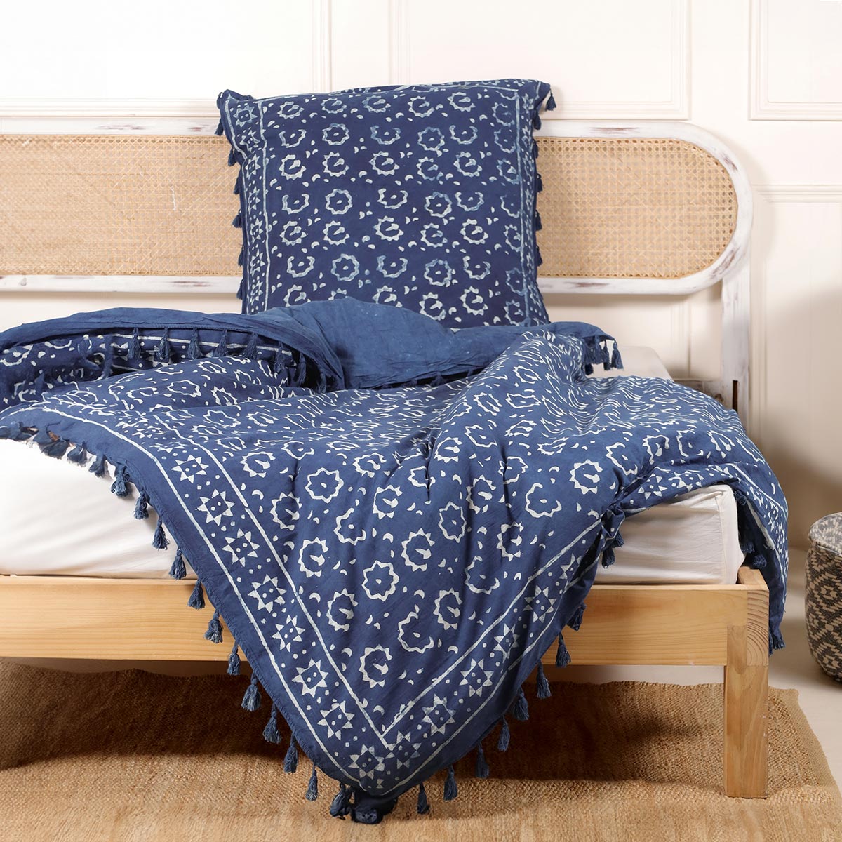 Bettwäsche Indigo Blockdruck Blume - 135x200 cm + Kissen