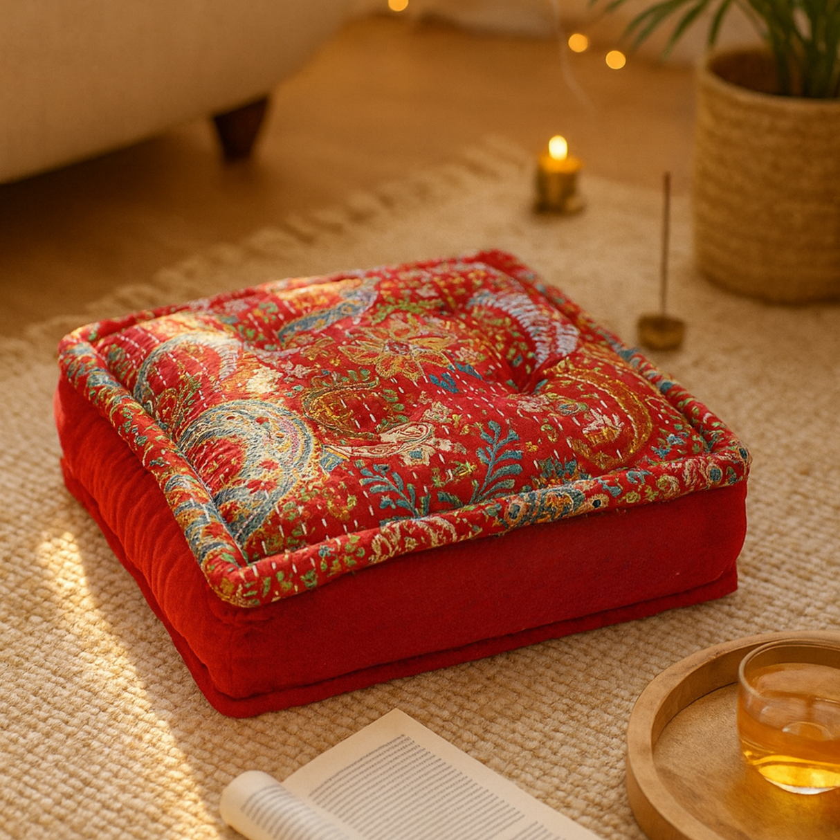 Rotes Bodenkissen im Kantha-Stil, handgefertigt in Indien. Weiches Baumwoll-Sitzkissen 50x50 cm – perfekt als Meditationskissen oder Wohnaccessoire.