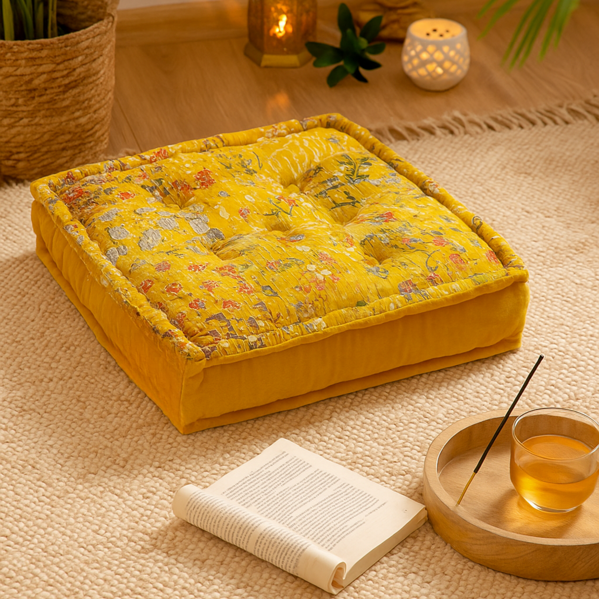 Sitzkissen Gelb Kantha Patchwork Stil 50x50 cm