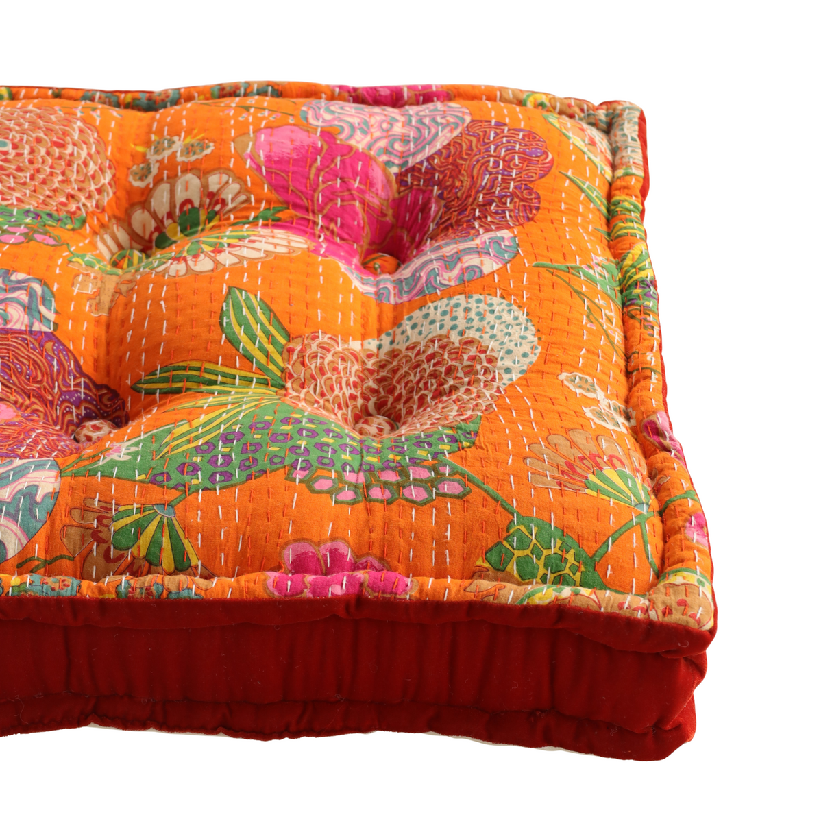 Bodenkissen 50x50 cm Orange Kantha-Stil – indisches Boho Sitzkissen Baumwolle, Vintage Patchwork Meditationskissen, handgefertigtes Unikat