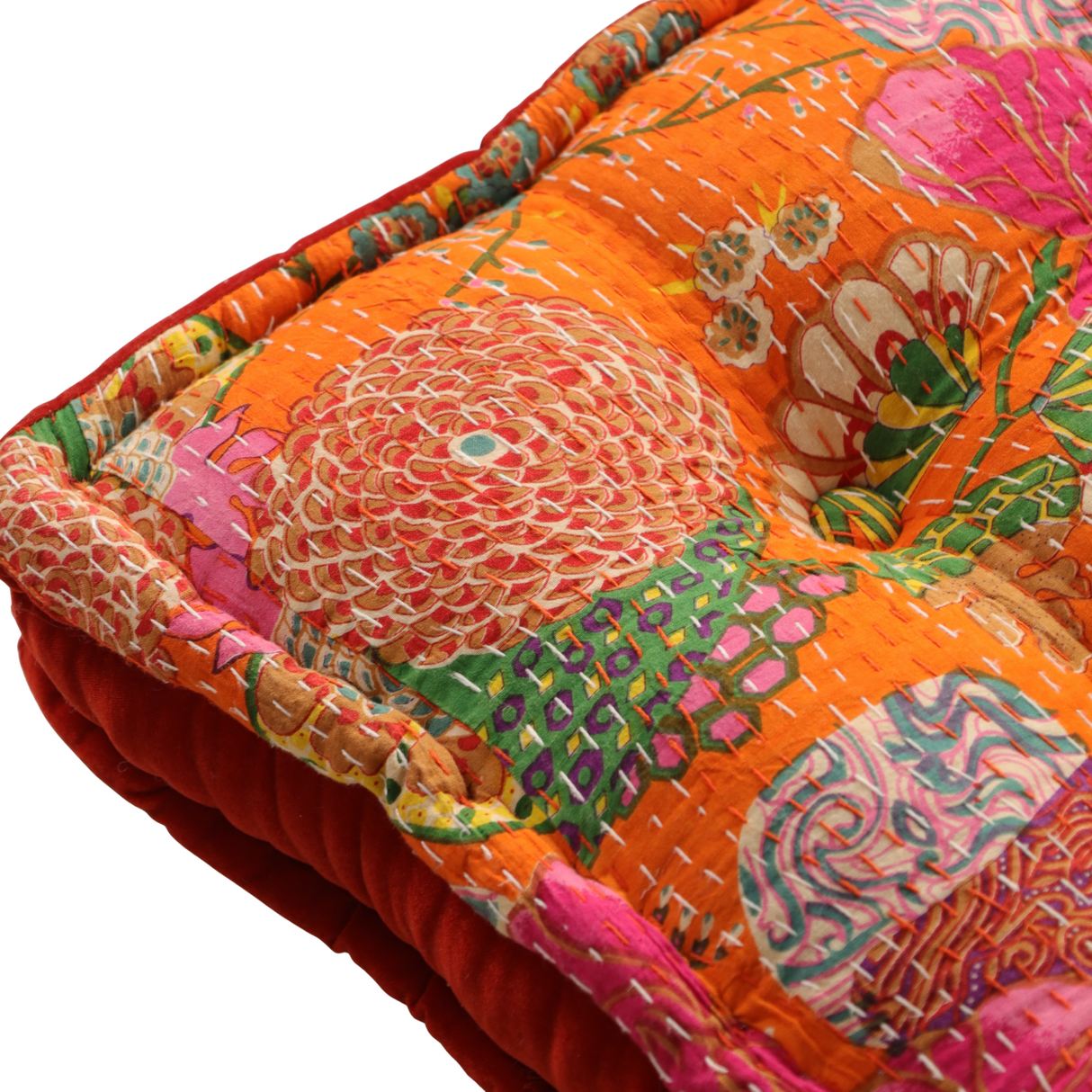 Bodenkissen 50x50 cm Orange Kantha-Stil – indisches Boho Sitzkissen Baumwolle, Vintage Patchwork Meditationskissen, handgefertigtes Unikat