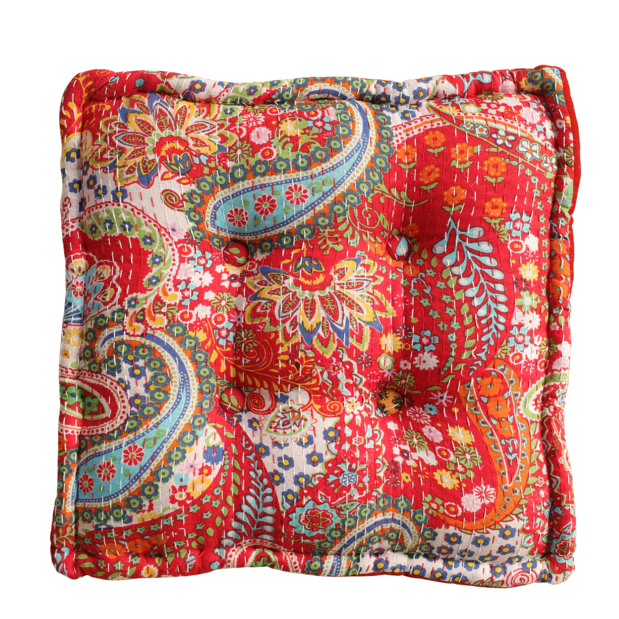 Rotes Bodenkissen im Kantha-Stil, handgefertigt in Indien. Weiches Baumwoll-Sitzkissen 50x50 cm – perfekt als Meditationskissen oder Wohnaccessoire.