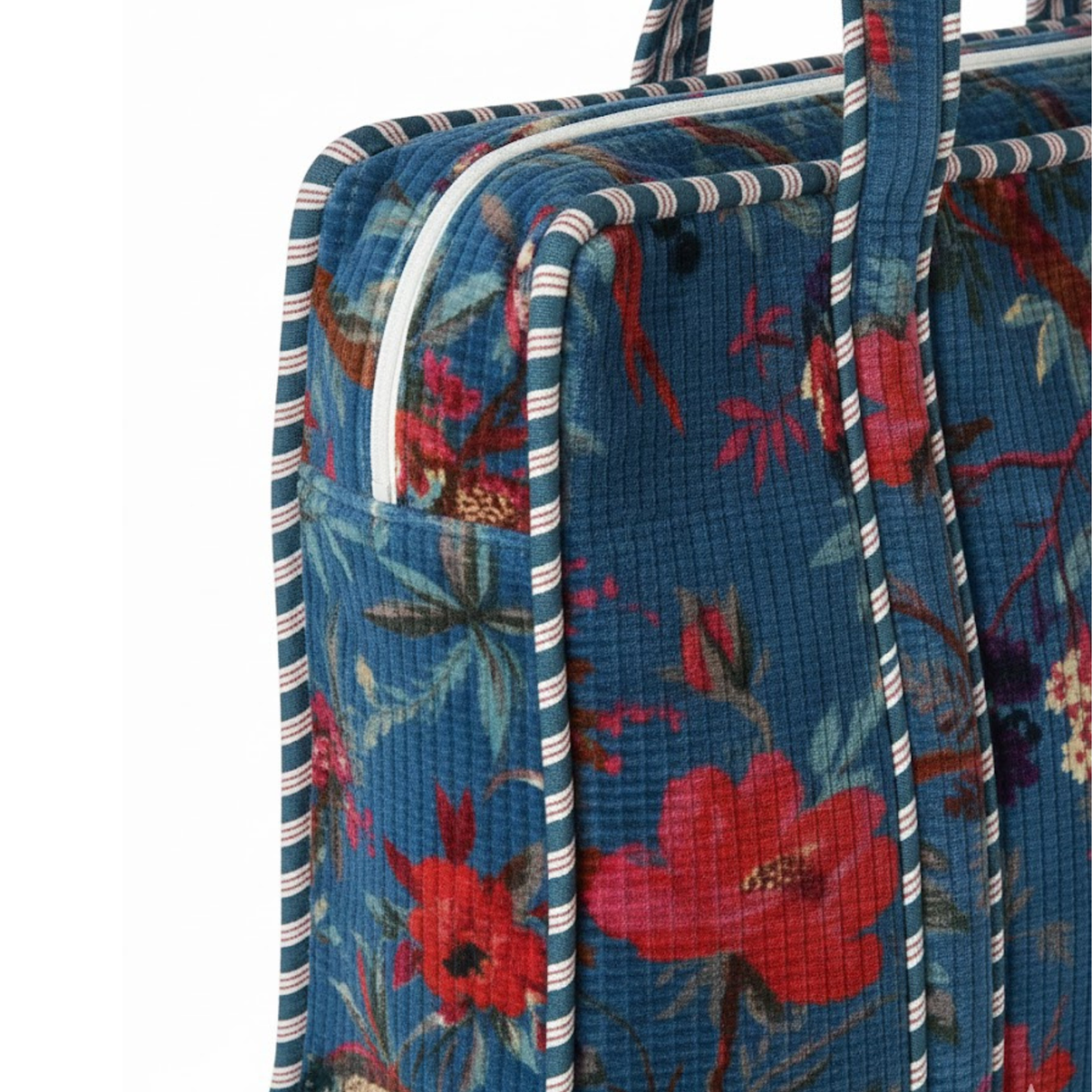 Großer Samt Shopper Blau mit floralem Muster | Boho Tote Bag | Indische Handarbeit, Petrol, Damen Tasche Ü50