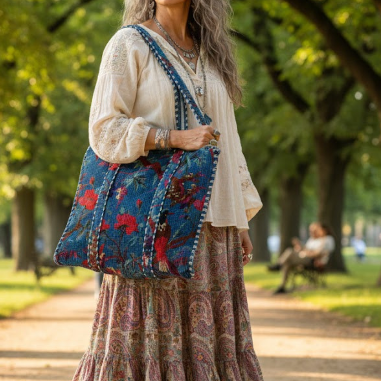 Großer Samt Shopper Blau mit floralem Muster | Boho Tote Bag | Indische Handarbeit, Petrol, Damen Tasche Ü50