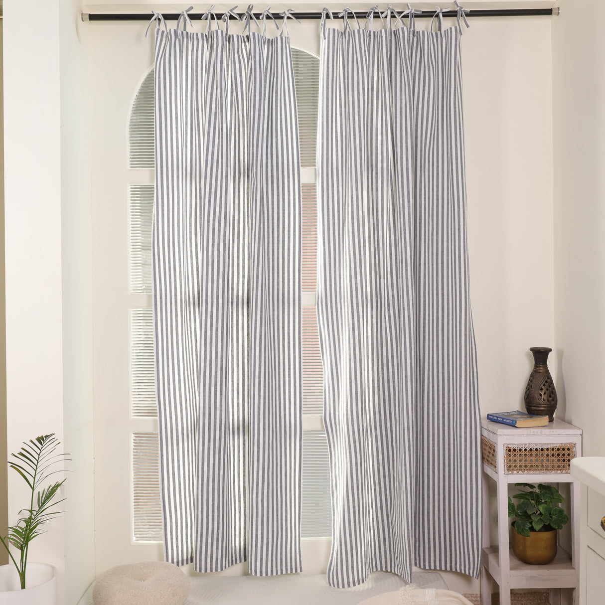 Leinen Vorhang Gewebt in Blau Weiß