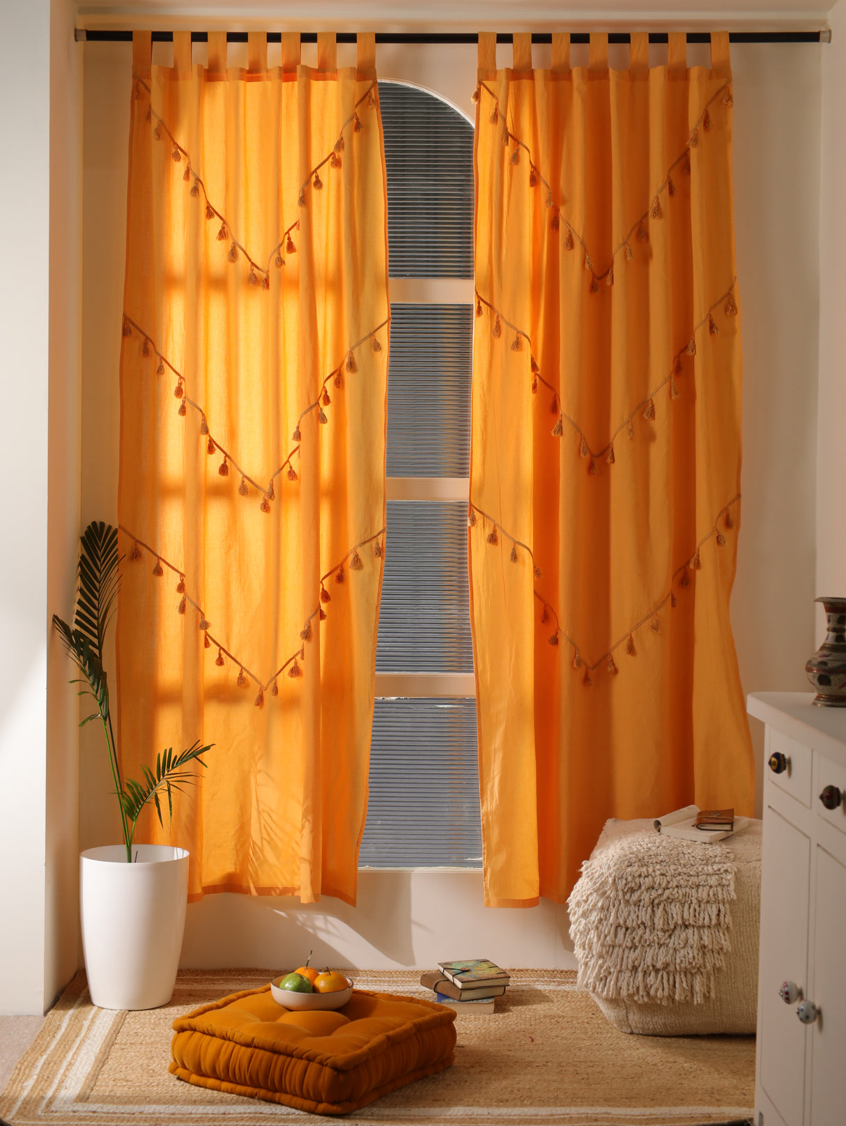 Boho Vorhang Sonnengelb - 2-teilige Vorhänge aus Baumwolle blickdicht und lichtdurchlässig