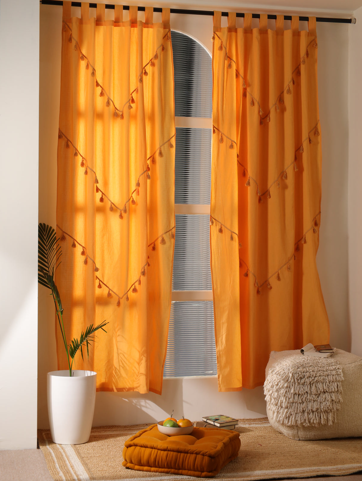 Boho Vorhang Sonnengelb - 2-teilige Vorhänge aus Baumwolle blickdicht und lichtdurchlässig