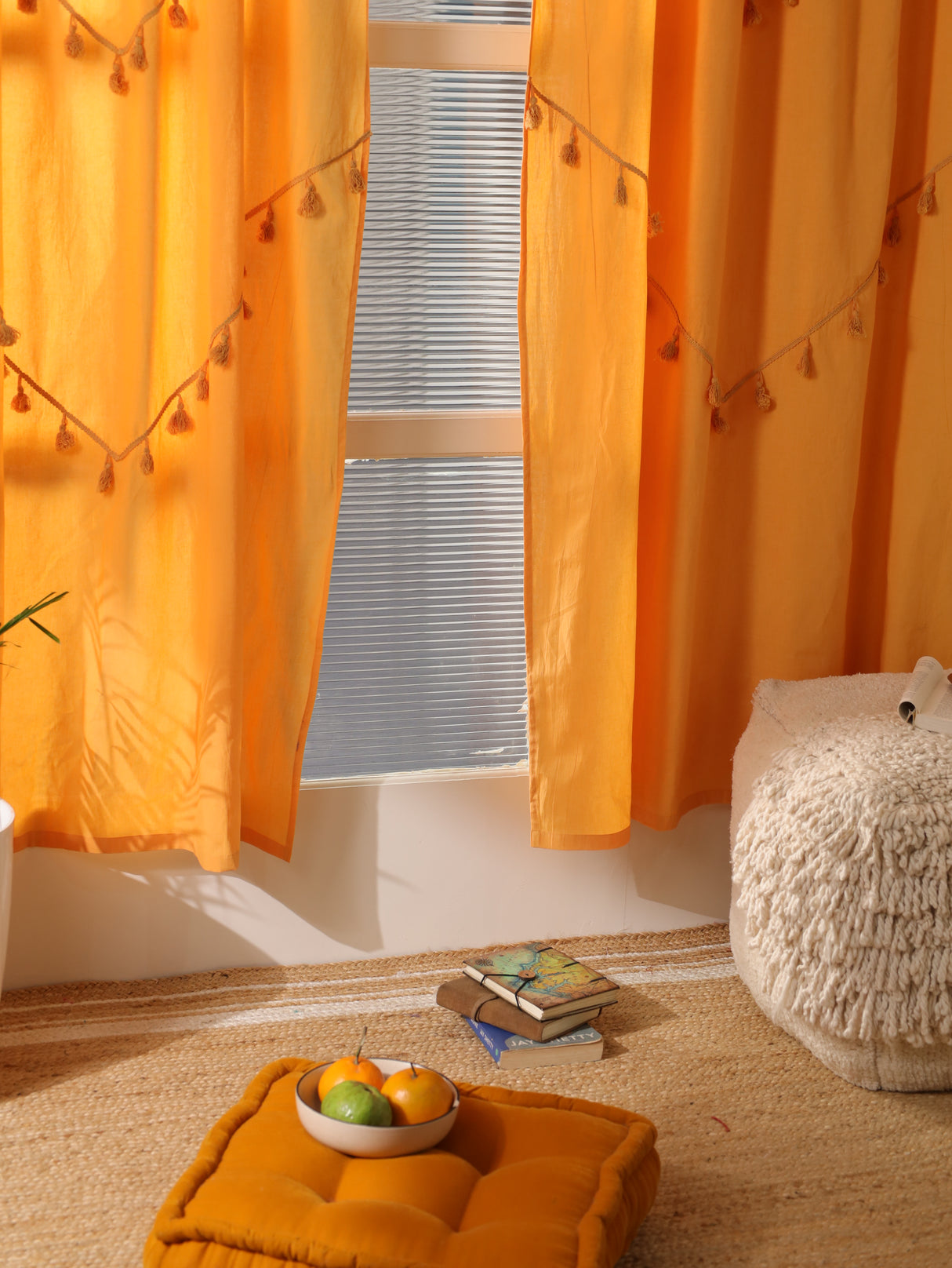 Boho Vorhang Sonnengelb - 2-teilige Vorhänge aus Baumwolle blickdicht und lichtdurchlässig