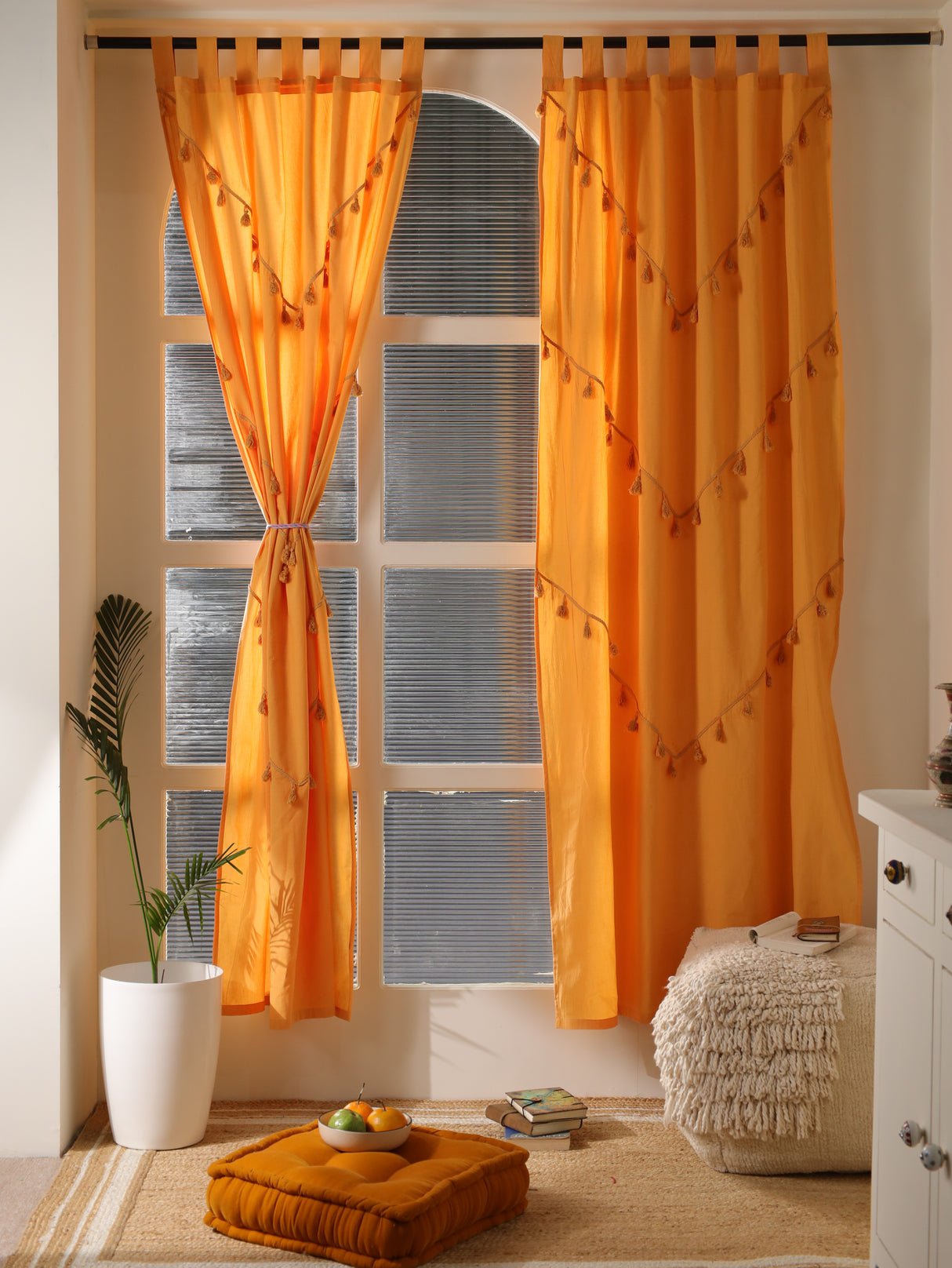 Boho Vorhang Sonnengelb - 2-teilige Vorhänge aus Baumwolle blickdicht und lichtdurchlässig