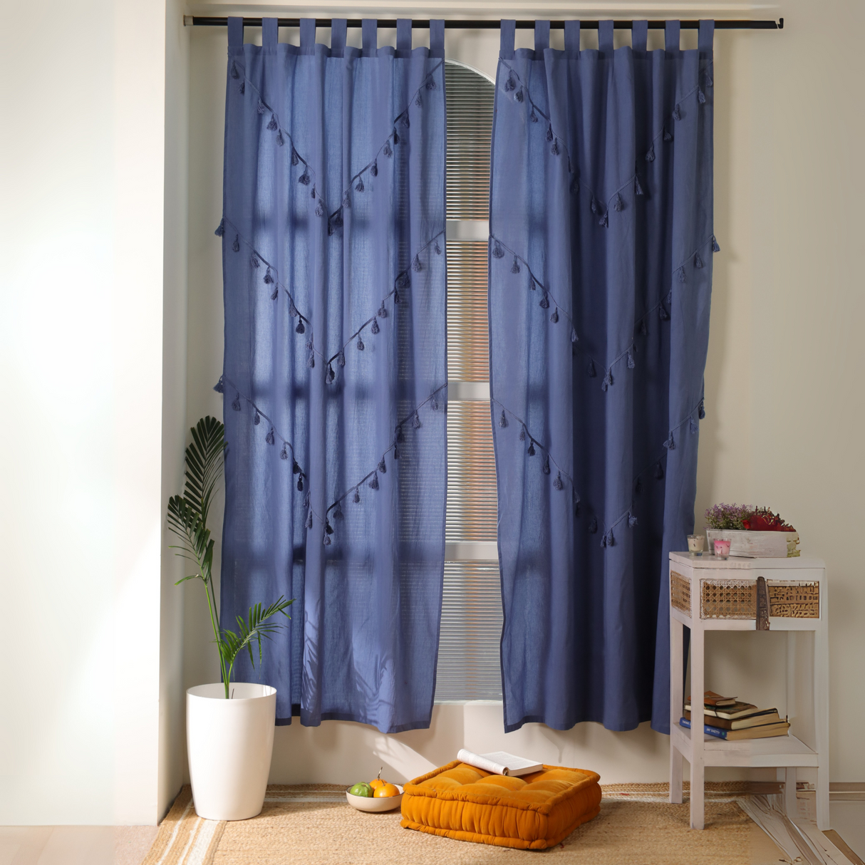 Boho Vorhang Blau Pflaume mit Quasten, dekorative Gardinen im Boho Style für eine Gardinenstange