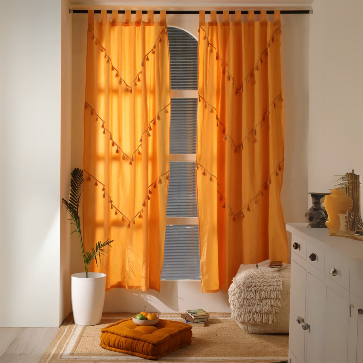 Boho Vorhang Sonnengelb - 2-teilige Vorhänge aus Baumwolle blickdicht und lichtdurchlässig