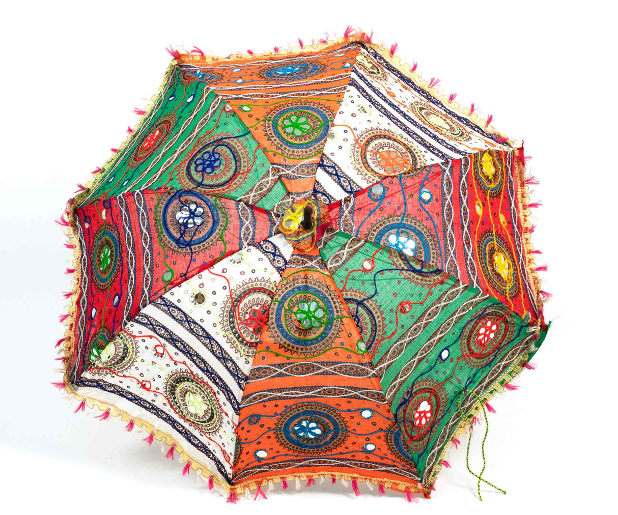 Indischer Sonnenschirm aus Baumwolle Ø ca. 70 cm, Patchwork mit Spiegeln und Goldfäden, handgefertigt in Indien für Festival, Garten und Park