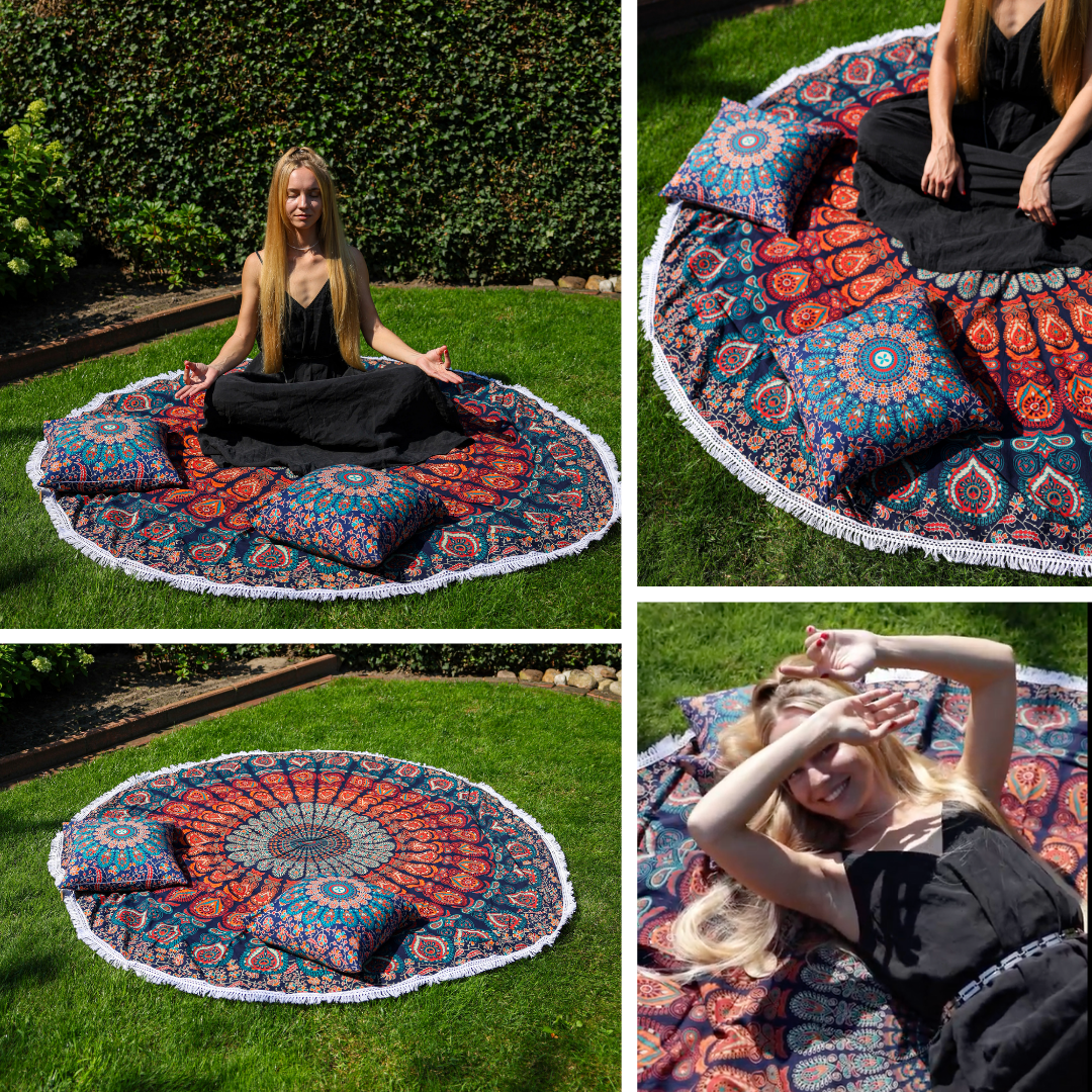 Rundes Mandala Tuch Pfauenfeder blau orange türkis