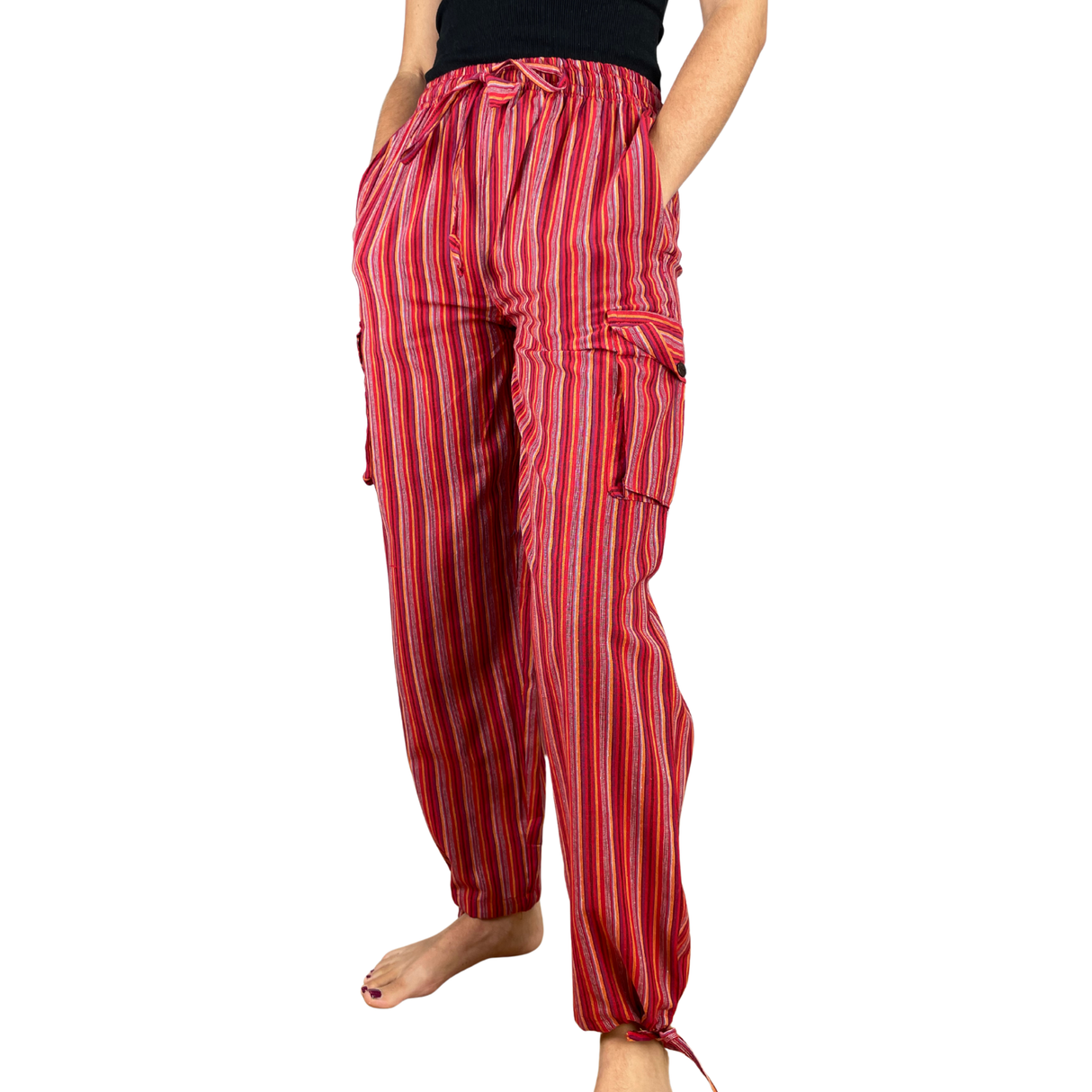 Freizeithose mit Taschen Rot gestreift aus Fischerstoff