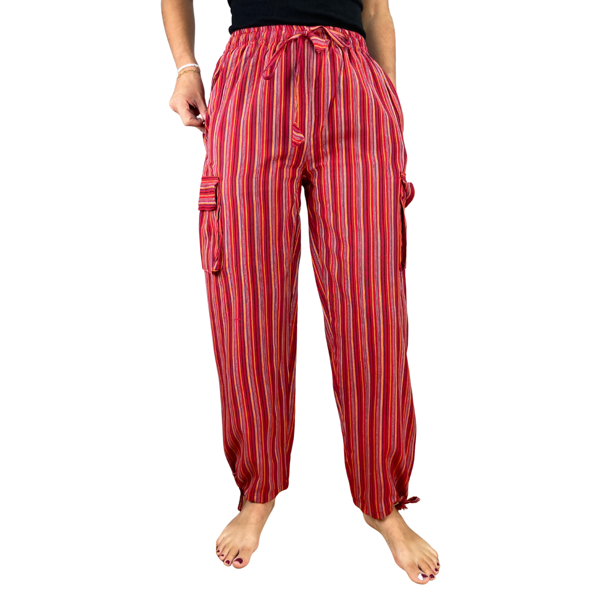 Freizeithose mit Taschen Rot gestreift aus Fischerstoff