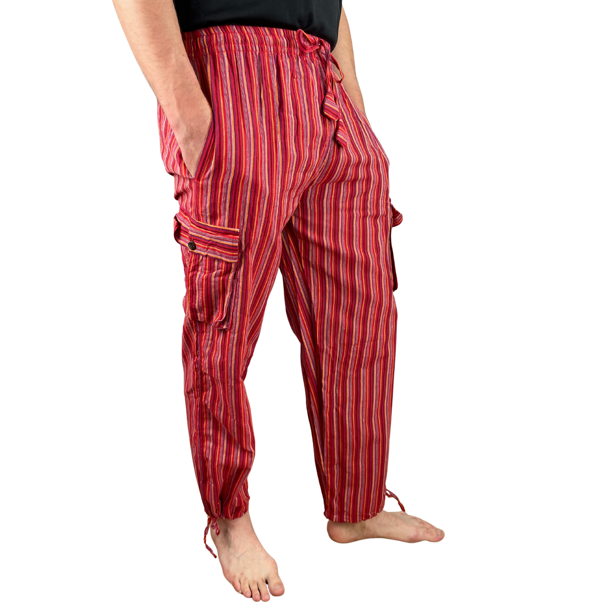 Freizeithose mit Taschen Rot gestreift aus Fischerstoff