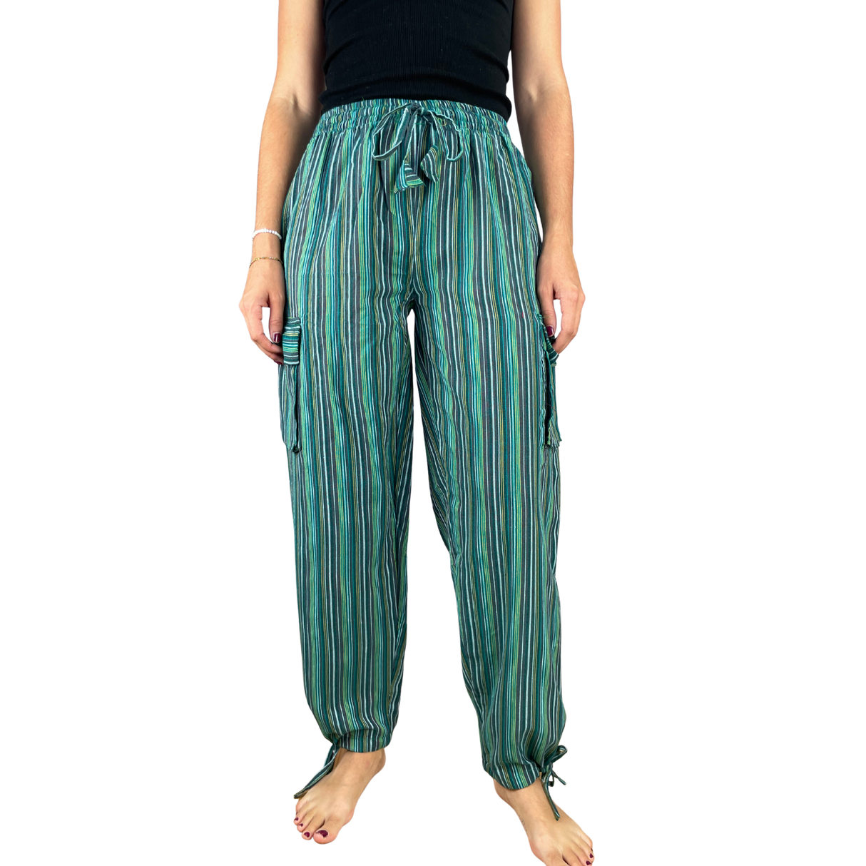 Freizeithose mit Taschen Grün gestreift aus Fischerstoff