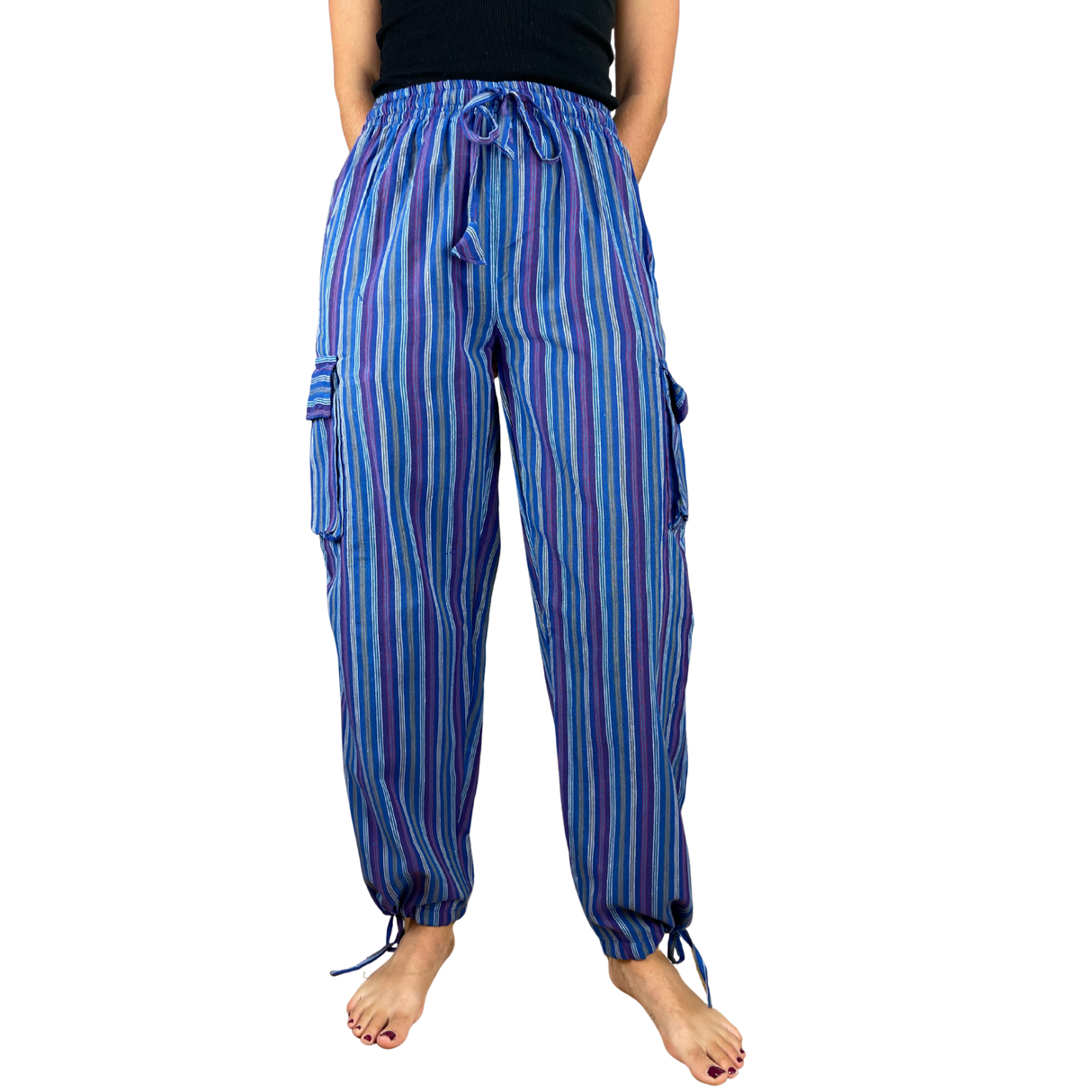 Freizeithose mit Taschen Blau gestreift aus Fischerstoff