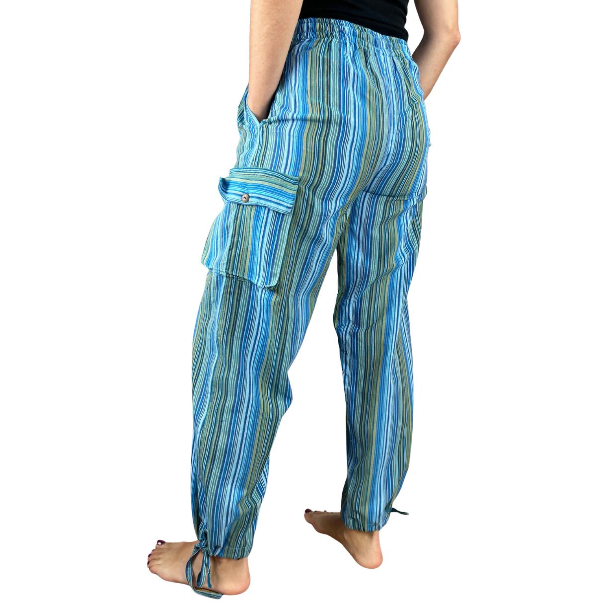 Freizeithose mit Taschen Türkis gestreift aus Fischerstoff