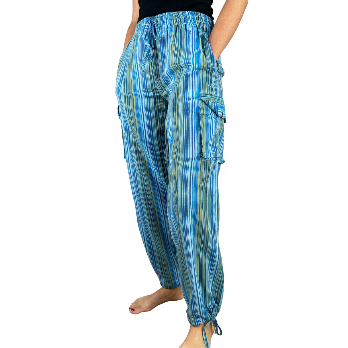 Freizeithose mit Taschen Türkis gestreift aus Fischerstoff