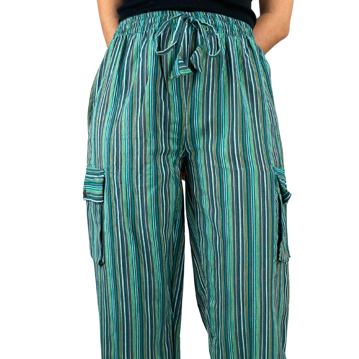 Freizeithose mit Taschen Grün gestreift aus Fischerstoff