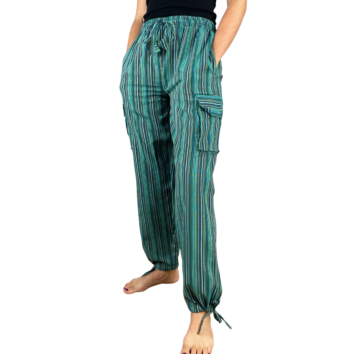 Freizeithose mit Taschen Grün gestreift aus Fischerstoff