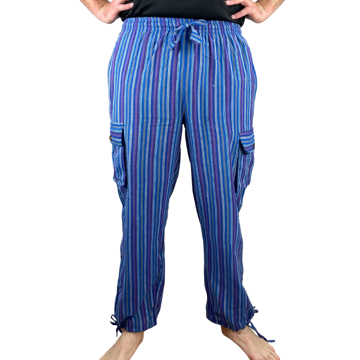 Freizeithose mit Taschen Blau gestreift aus Fischerstoff