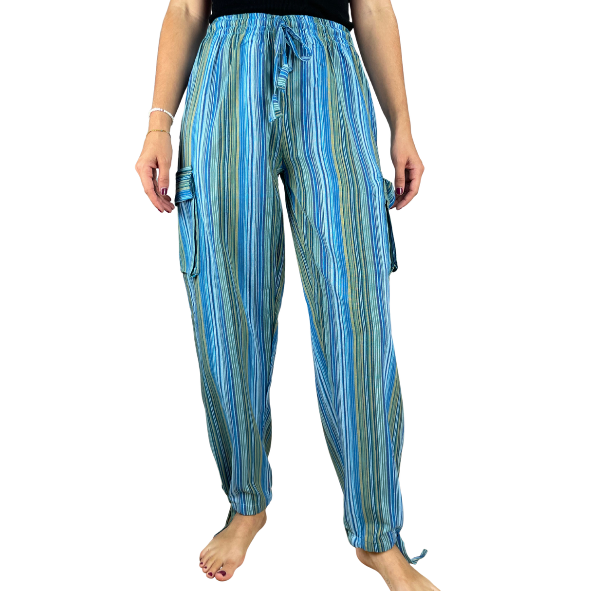 Freizeithose mit Taschen Türkis gestreift aus Fischerstoff