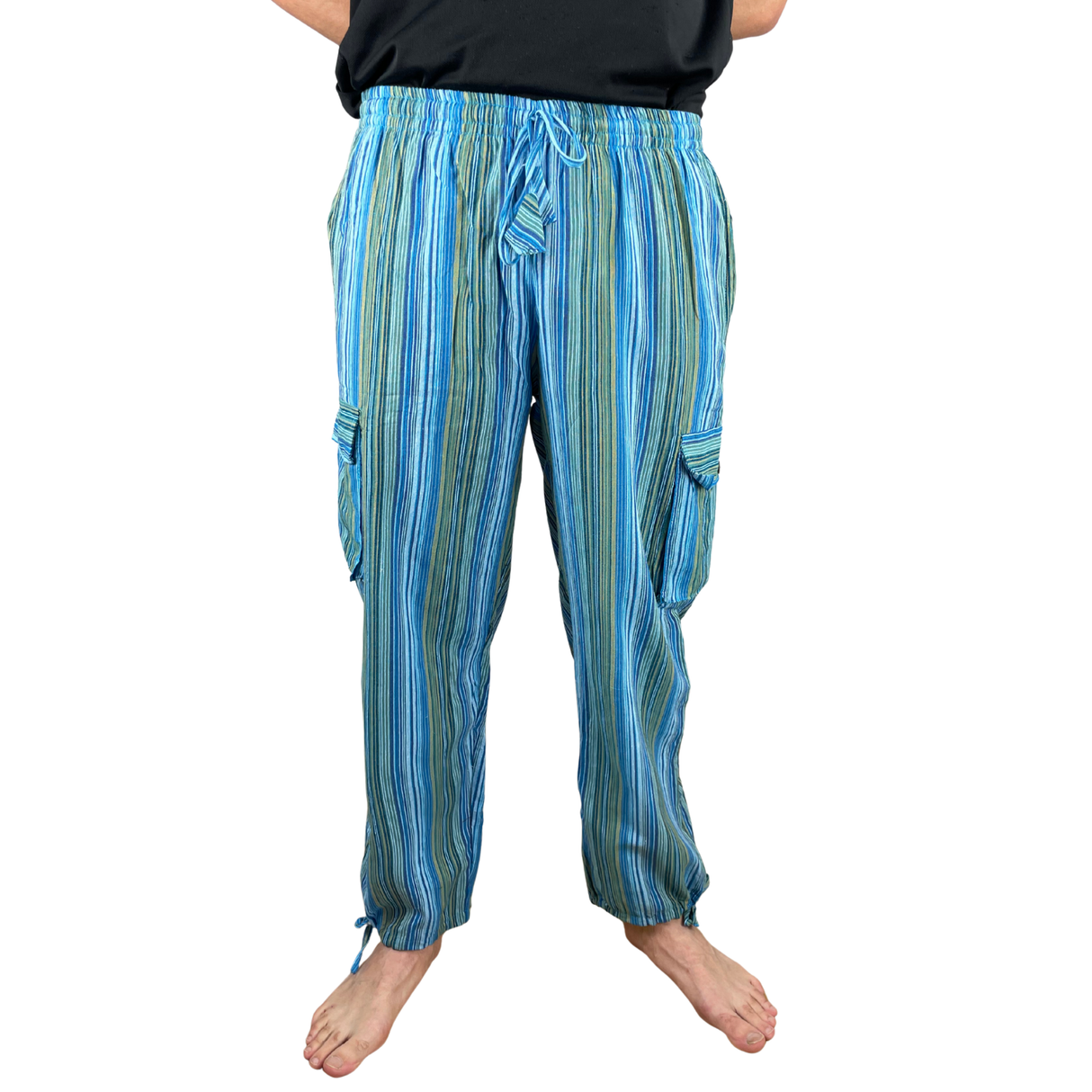 Freizeithose mit Taschen Türkis gestreift aus Fischerstoff