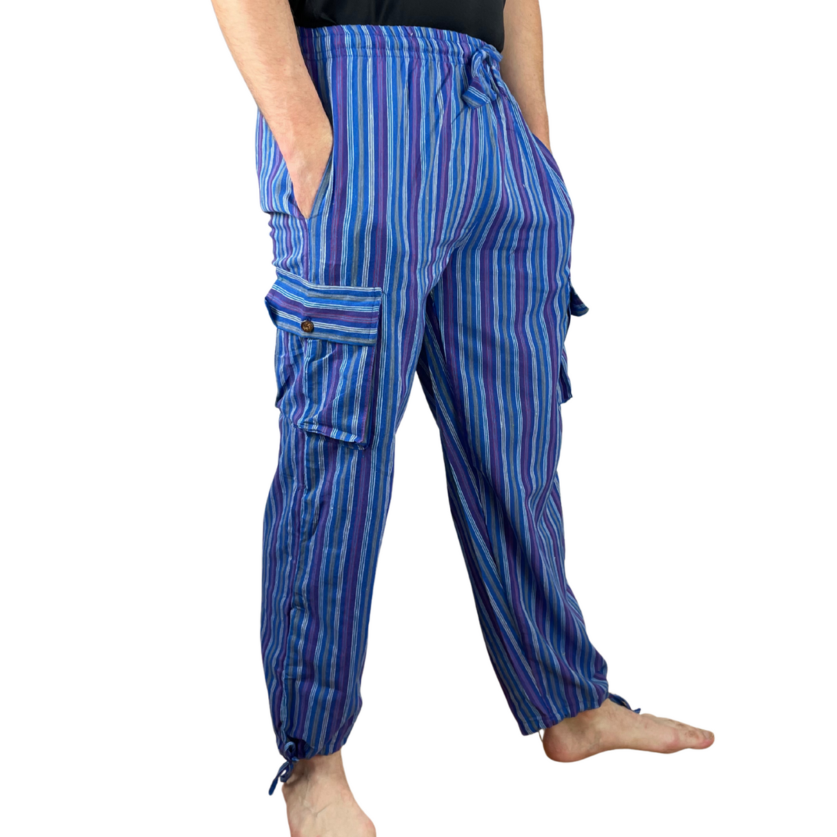 Freizeithose mit Taschen Blau gestreift aus Fischerstoff