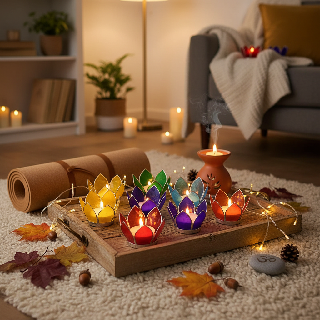 Geschenkset Teelichthalter 7 Chakren aus Naturglas - bunt mit Rahmen in silber