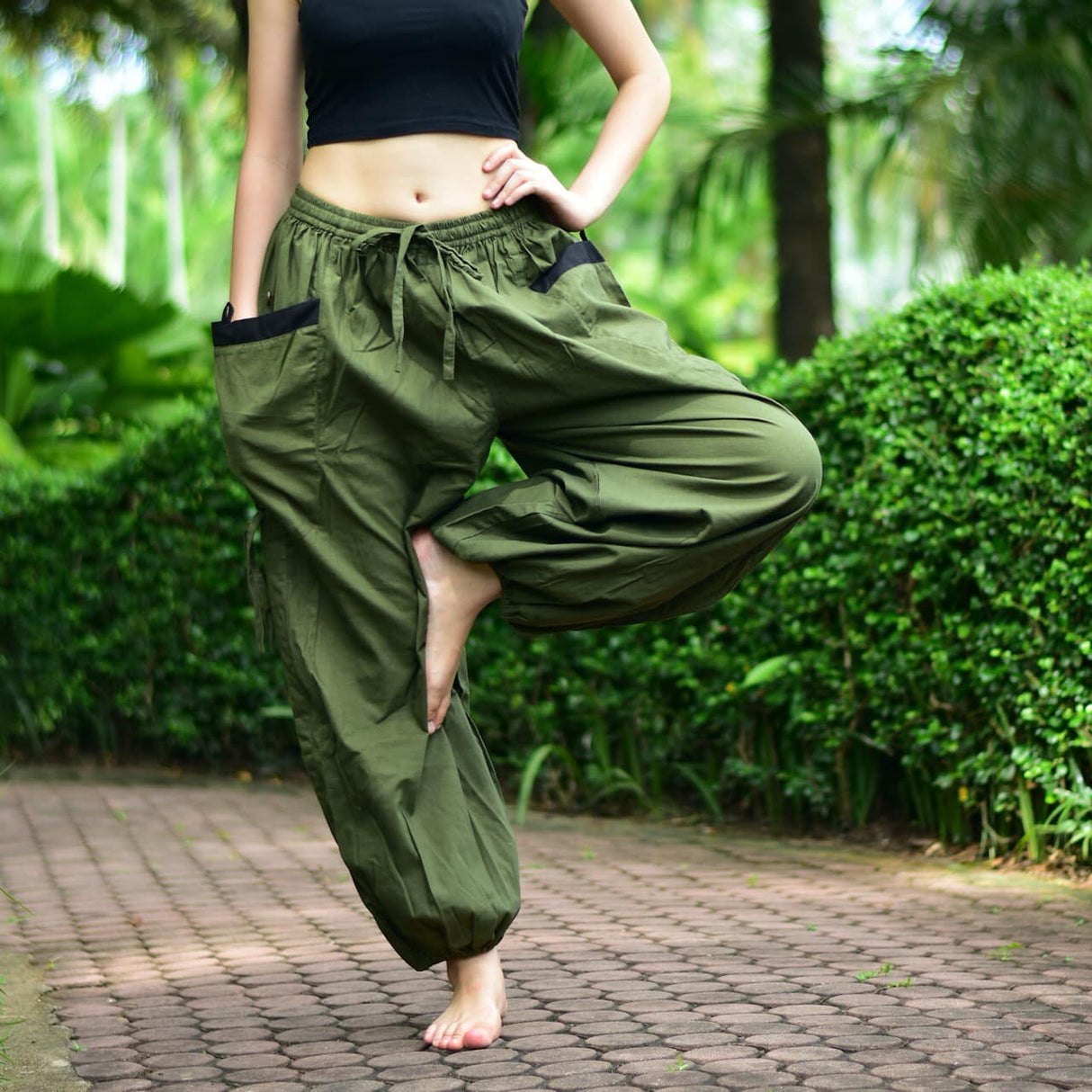 Goa Hose grün mit Taschen und Kordel - lange Version