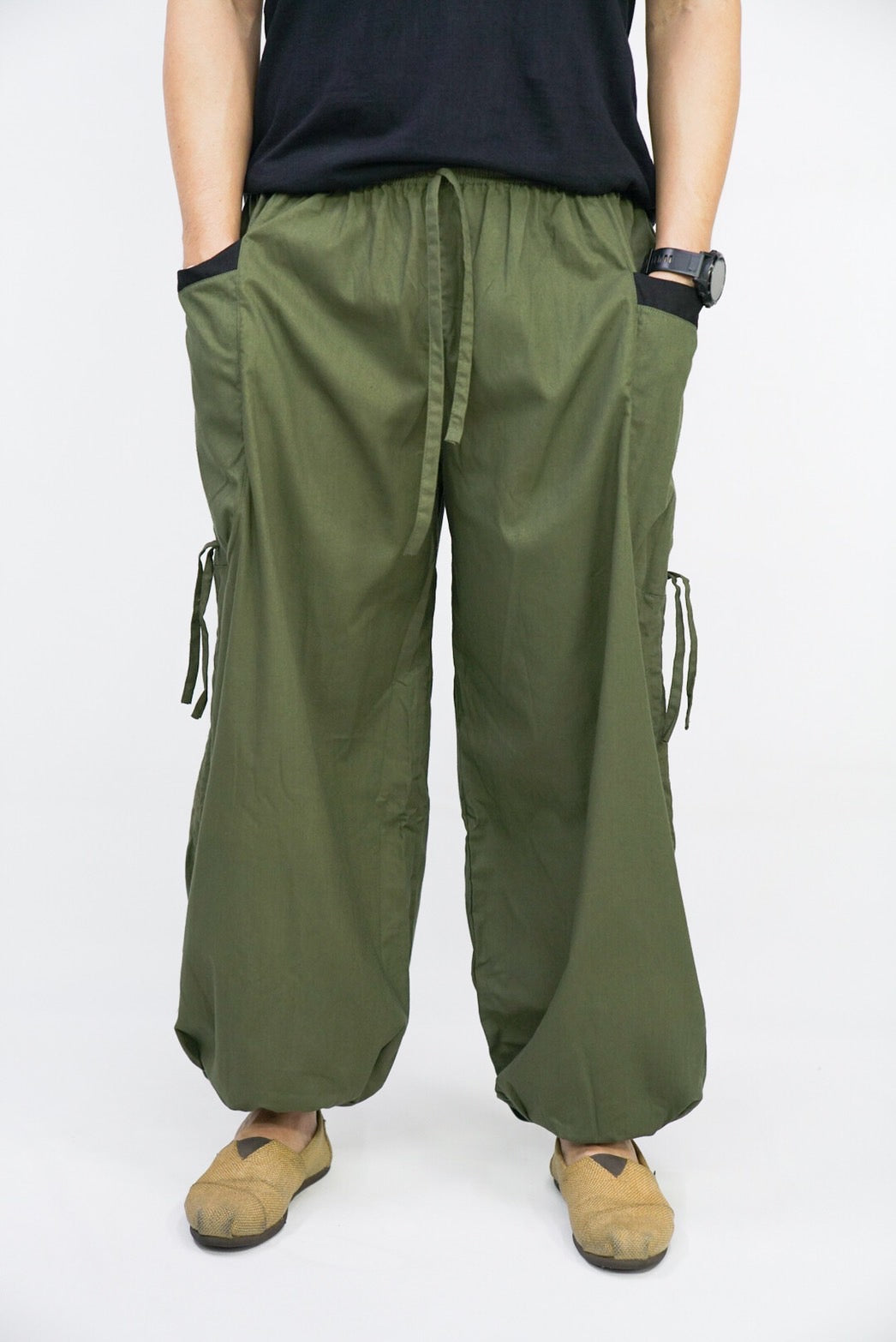 Goa Hose grün mit Taschen und Kordel - lange Version