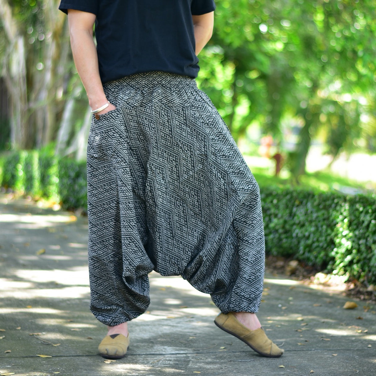 Goa Hose Trapez Muster grau aus weicher Baumwolle Unisex Einheitsgröße flexibel weich gemütlich