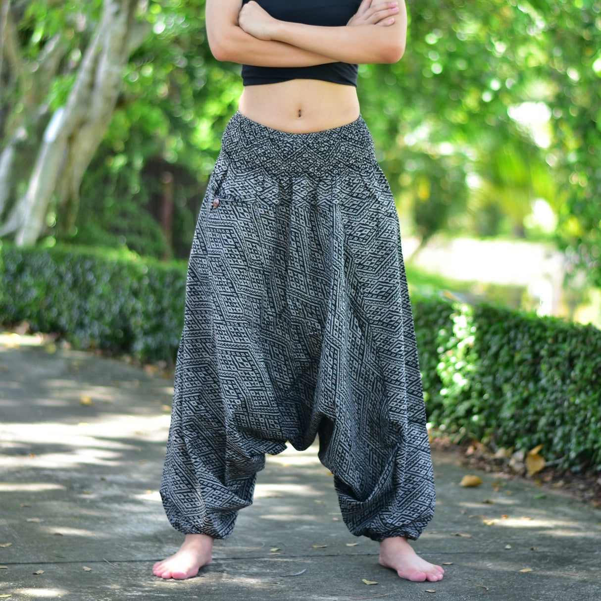 Goa Hose Trapez Muster grau aus weicher Baumwolle Unisex Einheitsgröße flexibel weich gemütlich