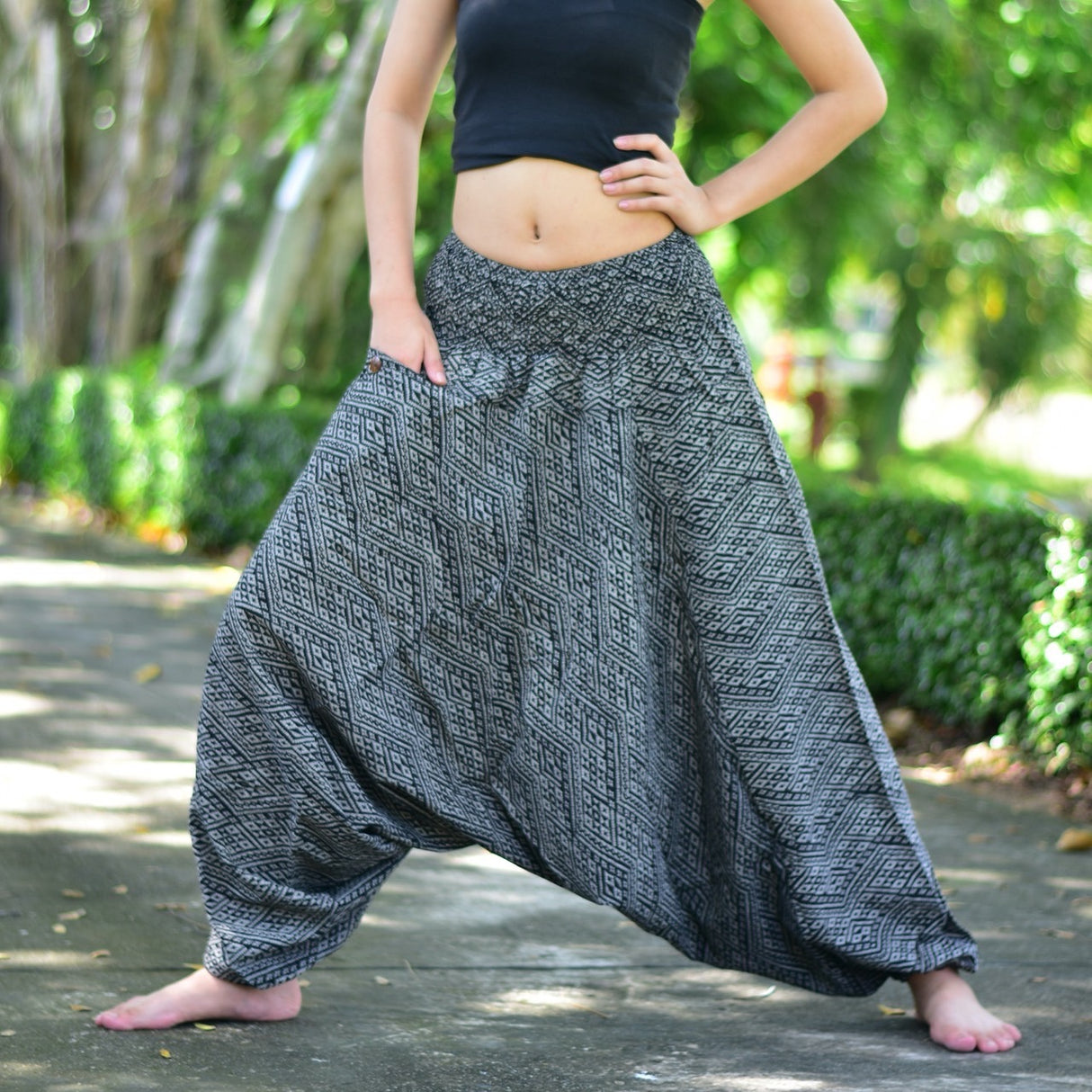 Goa Hose Trapez Muster grau aus weicher Baumwolle Unisex Einheitsgröße flexibel weich gemütlich