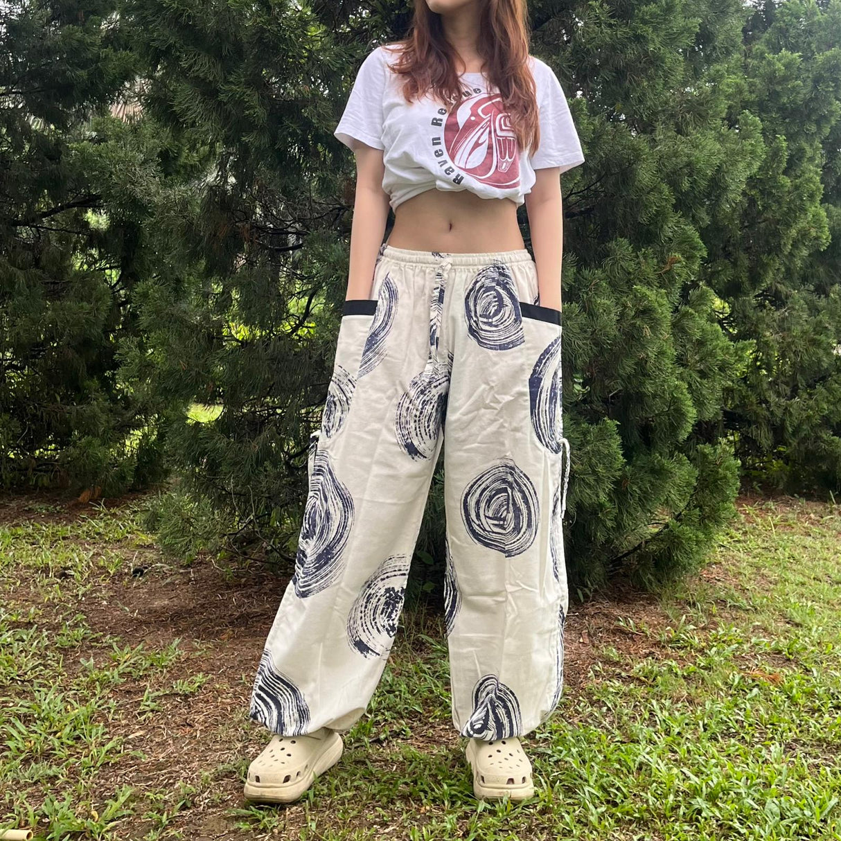 Goa Hose weiß mit Spiralen in blau - 100% Baumwolle Unisex Freizeithose Karmandala