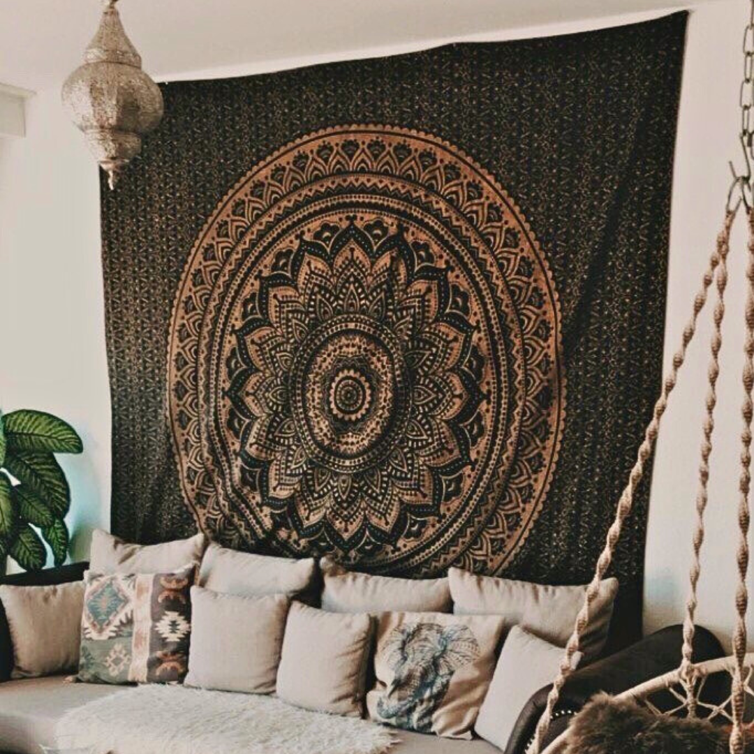 Gold Wandtuch Ombre Mandala schwarz 210x230 cm 100% Baumwolle