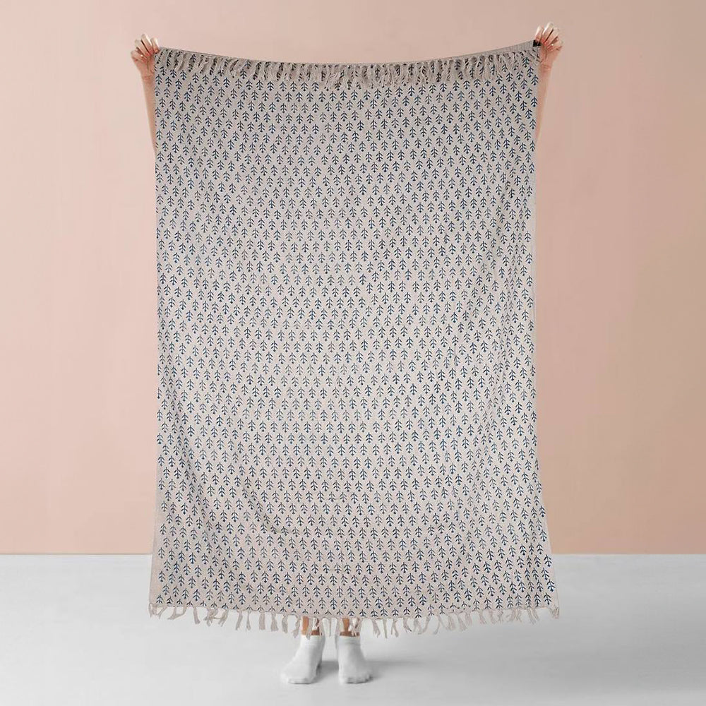 Handgewebte Tagesdecke mit blauem Blockdruck, 100% Baumwolle 200x130 cm – fair gehandelt aus Indien