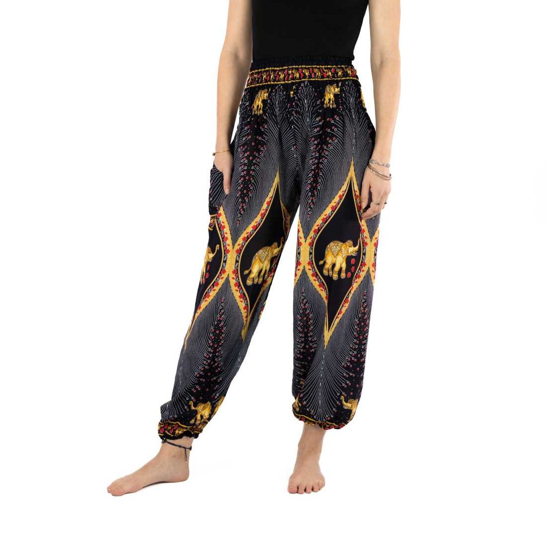 Haremshose Elefanten schwarz gold - Elefantenhose aus Thailand