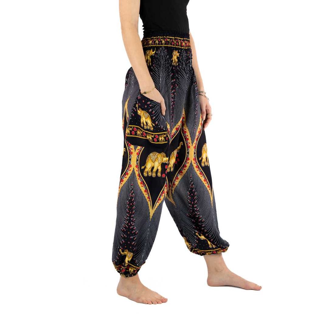 Haremshose Elefanten schwarz gold - Elefantenhose aus Thailand