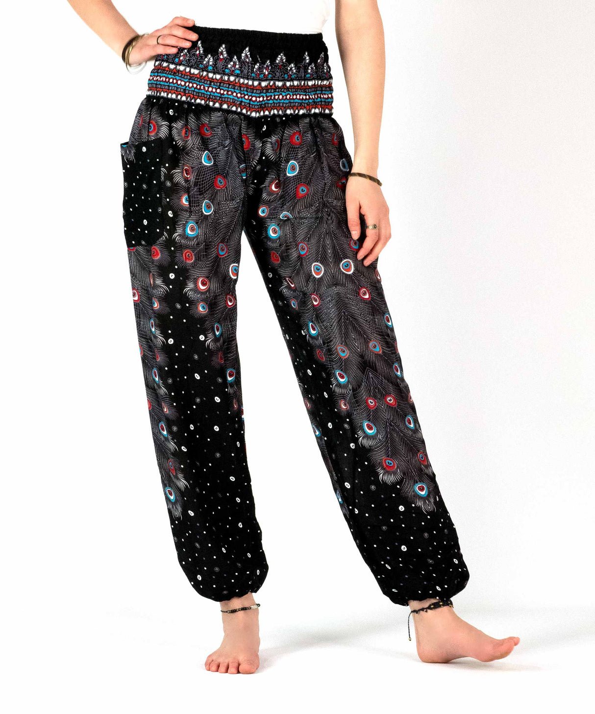 Haremshose Pfauenfeder schwarz rot blau Gr. M ♀