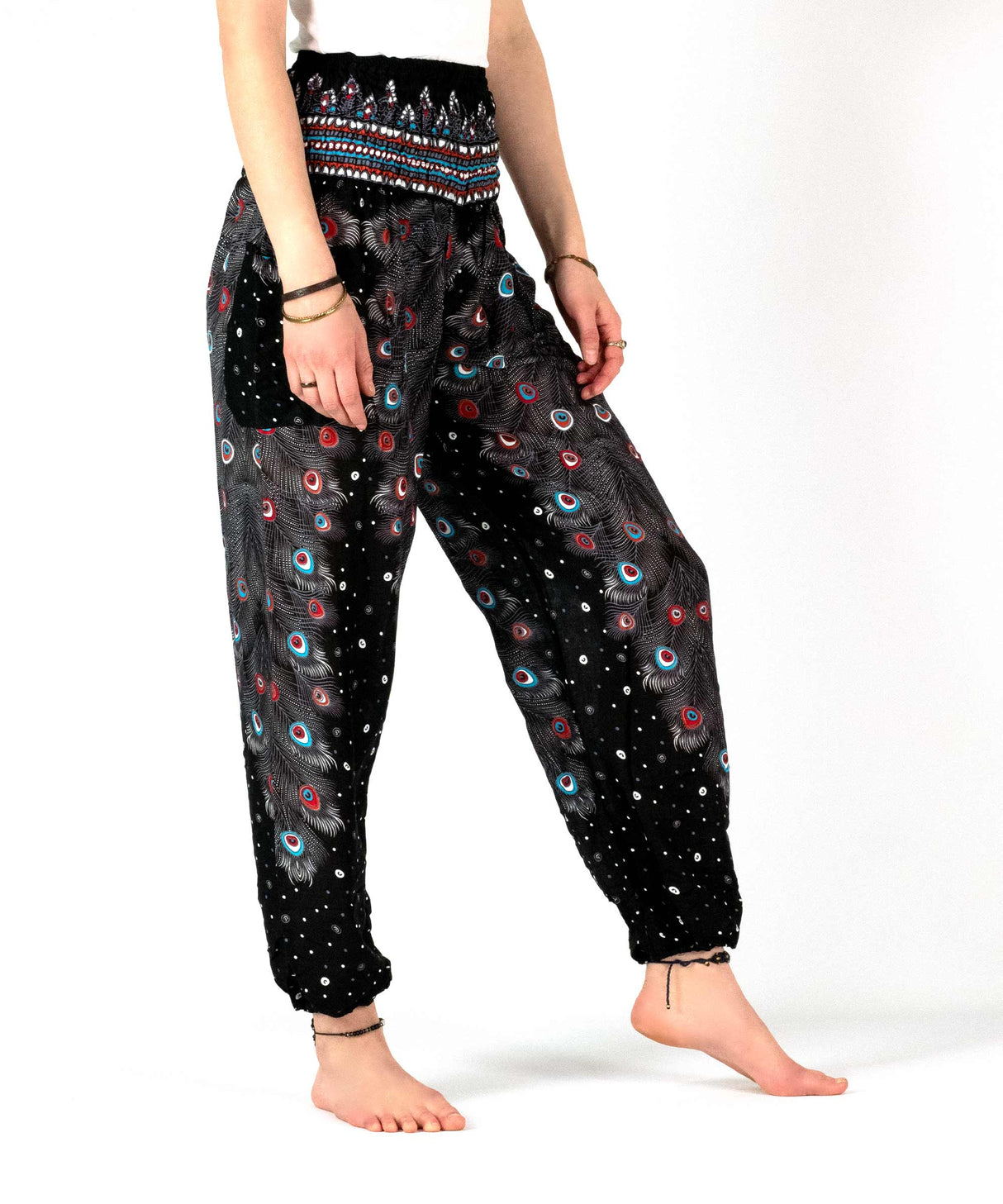 Haremshose Pfauenfeder schwarz rot blau