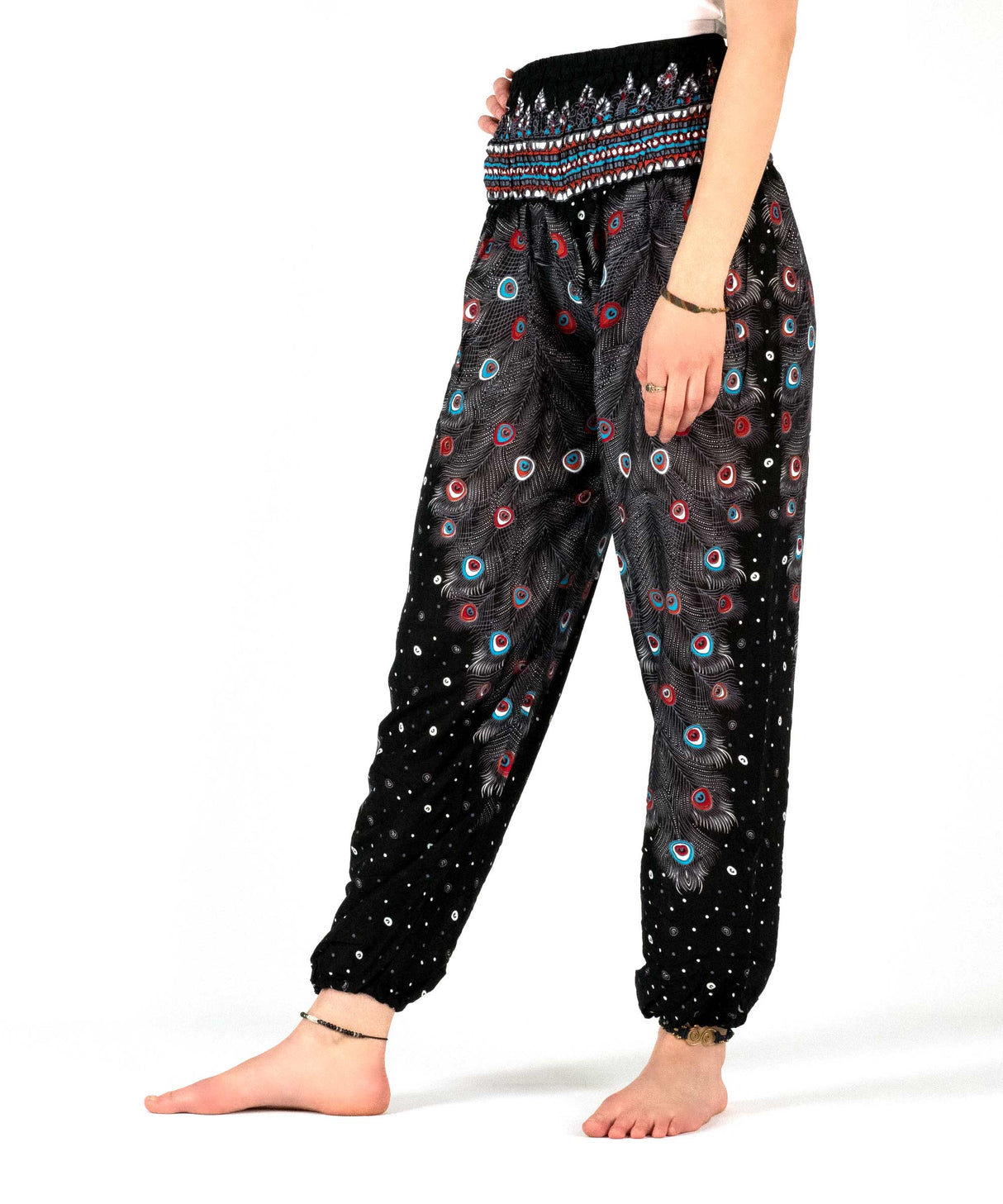 Haremshose Pfauenfeder schwarz rot blau